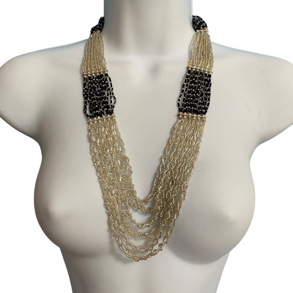Black & Silver Seed Bead Necklace Multistrand NWOT